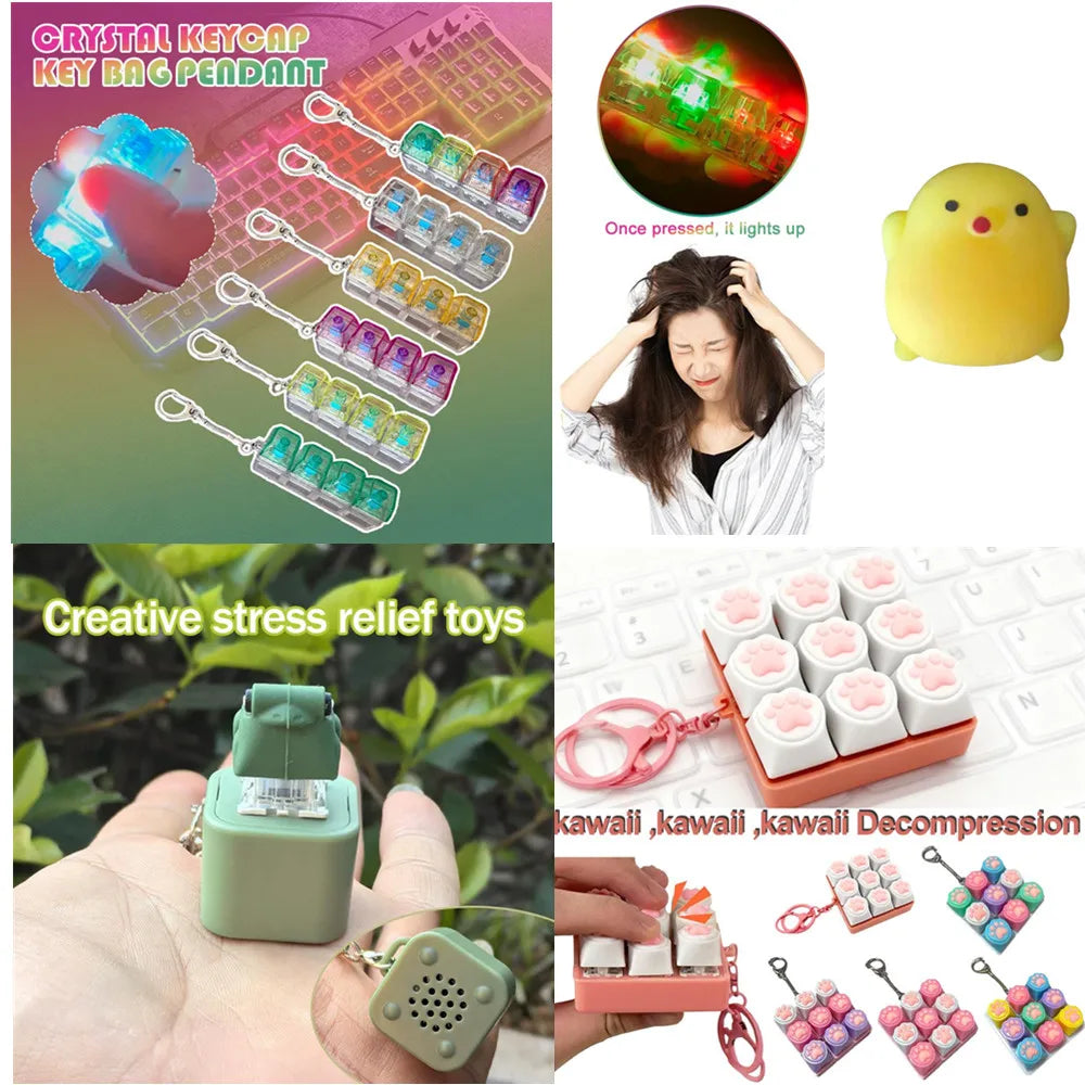 Keyboard Fidget Toys LED Crystal Keycap Keychain Stress Relief Fingertip Gadget Decompression Toys Clicker Fidget Toy